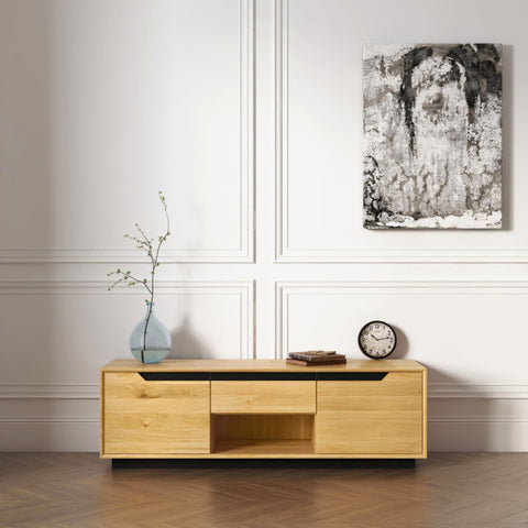 TV stand of solid oak 2 doors 160x42x50 cm natural modern Adena