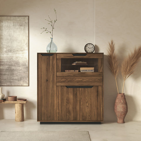 Credenza alta in legno massello di rovere 124x38x134 cm fumè Adena