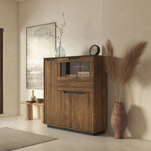 Credenza alta in legno massello di rovere 124x38x134 cm fumè Adena