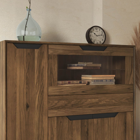 Credenza alta in legno massello di rovere 124x38x134 cm fumè Adena