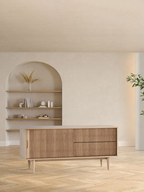 Mobile porta TV 1 anta 2 cassettiere in rovere massello naturale 130x40x60 cm Ester