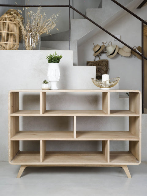 Low bookshelf of solid oak wood whitewashed modern 130x45x89 cm Modena