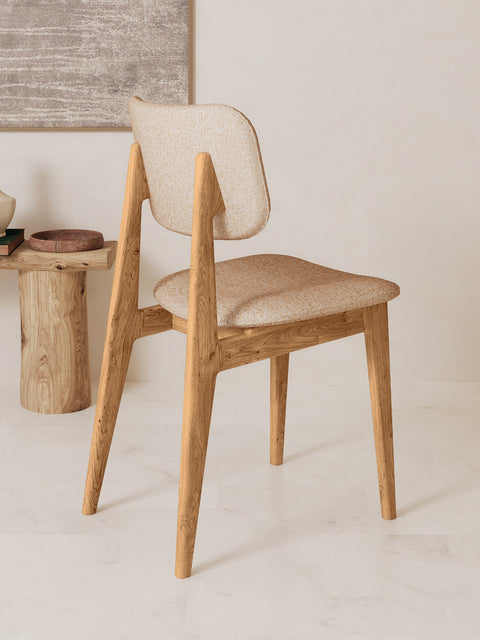 Sedia da pranzo in massello di rovere marrone beige morbida Mevis