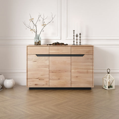 Sideboard of whitewashed solid oak 3 doors 135x42x90 cm modern Adena