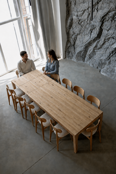 Extendable dining table 200-300x100 cm with 2 leaves in solid oak wood natural Ravello Max