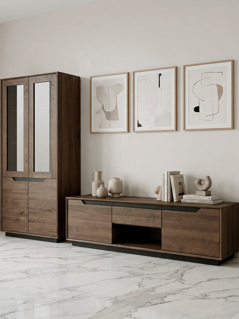 TV cabinet of solid oak wood 160 cm smoked Adena