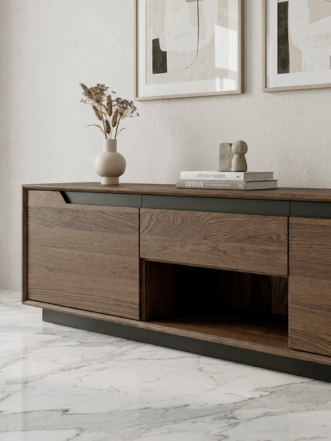 TV cabinet of solid oak wood 160 cm smoked Adena