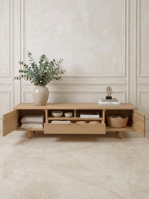 TV Cabinet of solid oak wood whitewashed 160 cm Portofino