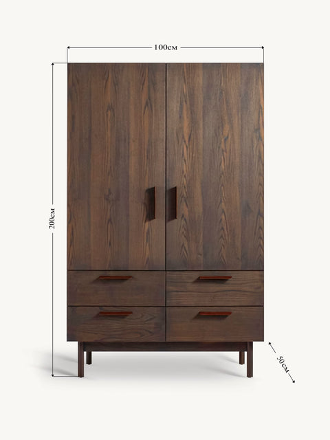 Armadio 100 cm in massello di teak con 2 ante e 4 cassetti moderno marrone Kaleo