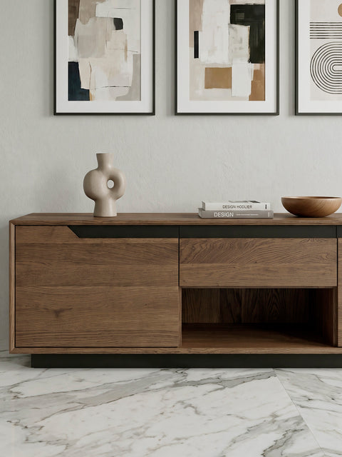 TV cabinet of solid oak wood 160 cm smoked Adena