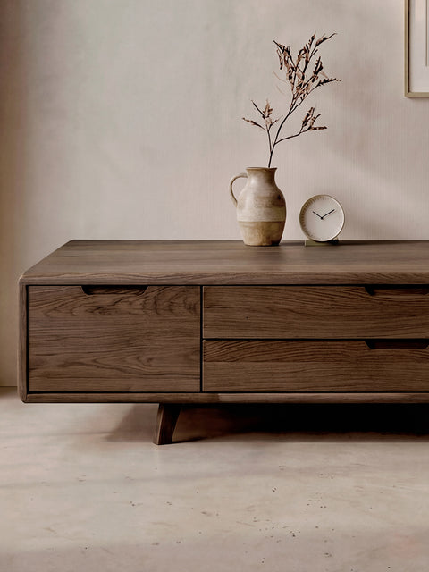 TV stand of solid oak wood smoked 180 cm Portofino