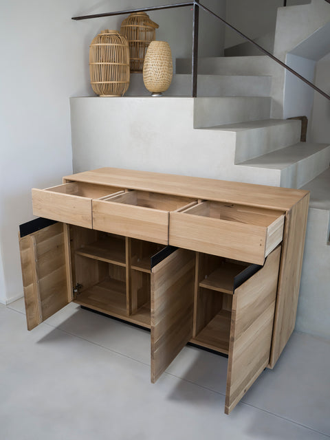 Sideboard of whitewashed solid oak 3 doors 135x42x90 cm modern Adena