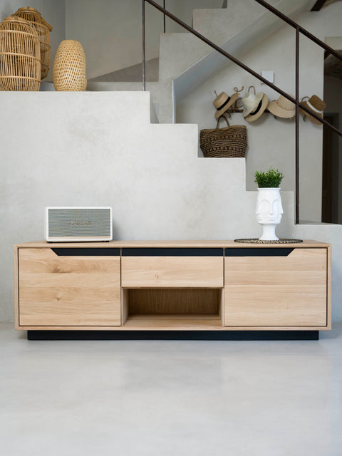 TV stand of whitewashed solid oak 2 doors 160x42x50 cm modern Adena