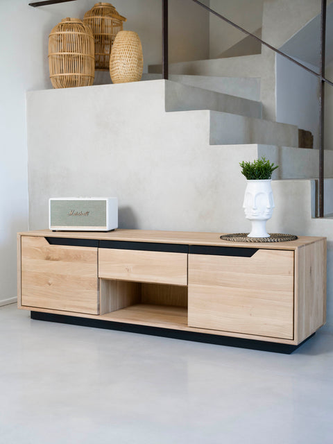 TV stand of whitewashed solid oak 2 doors 160x42x50 cm modern Adena