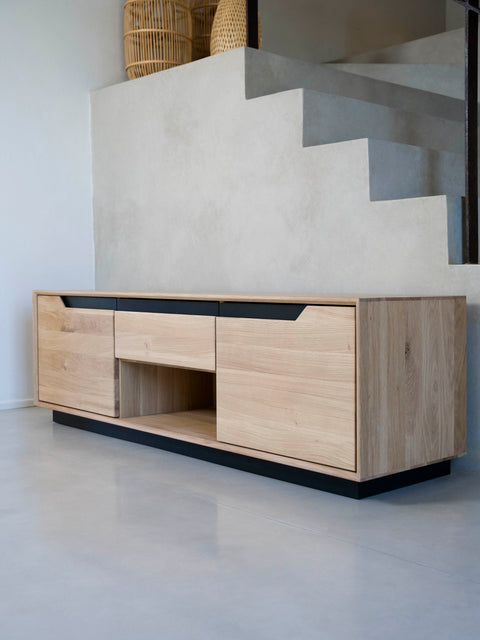 TV stand of whitewashed solid oak 2 doors 160x42x50 cm modern Adena