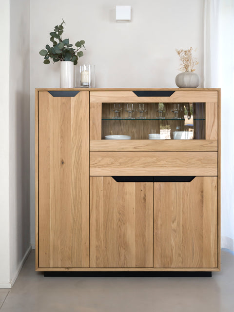 Credenza alta in rovere massello sbiancato 124x38x134 cm Adena