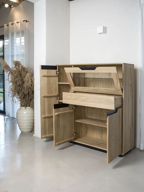 Credenza alta in rovere massello sbiancato 124x38x134 cm Adena
