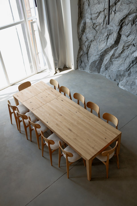 Extendable dining table 200-300x100 cm with 2 leaves in solid oak wood natural Ravello Max