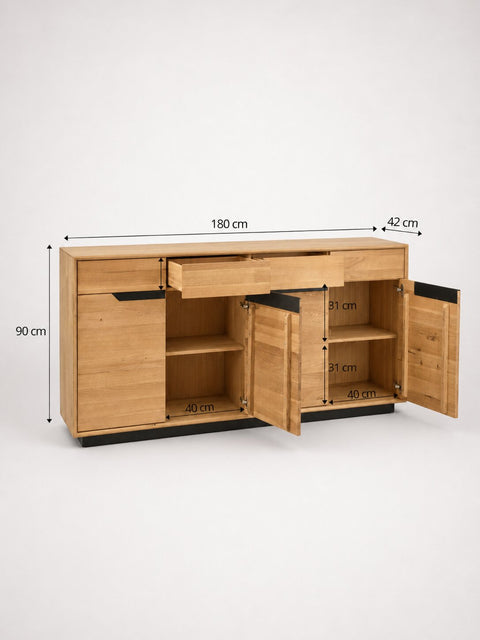 Credenza da 180 cm con 4 ante in rovere massello naturale moderno Adena