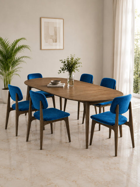 Solid oak wood chair smoked blue velour Mevis